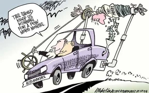 Cartoon of automaker bosses squeezing taxpayers dry