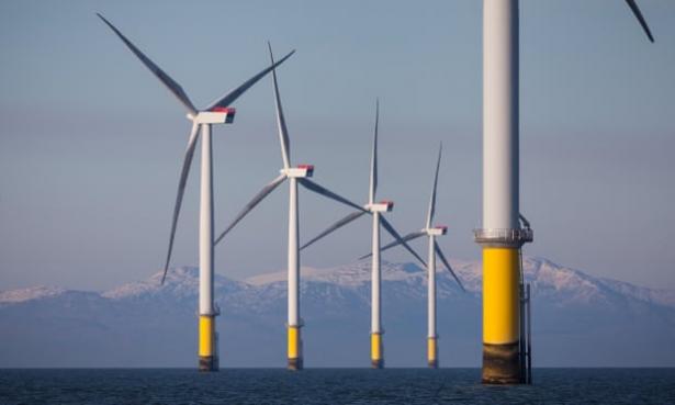 Wind turbines of the Duddon Sands offshore windfarm in the Irish Sea. 