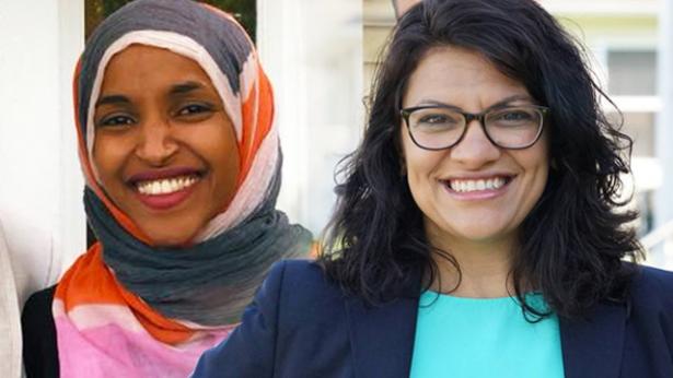 Ilhan Omar (l), and Rashida Tlaib, the first Muslim women elected to the US Congress.