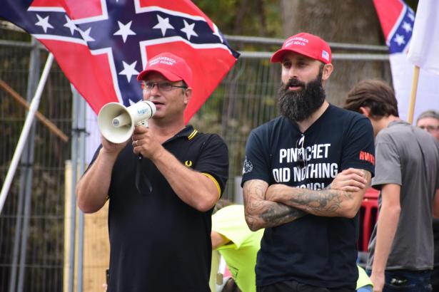 Members of the Proud Boys, a right-wing extremist group, at a rally in defense of a Confederate monument.